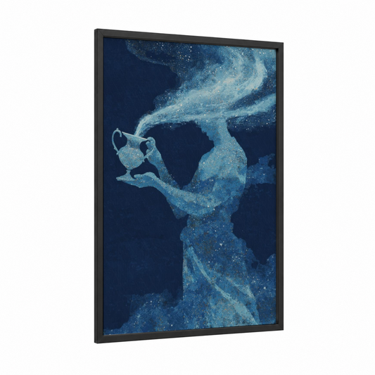 Ethereal Aquarius framed art print — black wood frame — dark blue and light green palette