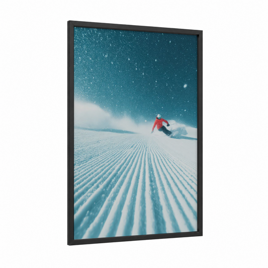 Crimson Snow Carve framed snowboarding print — black wood frame — teal and white palette