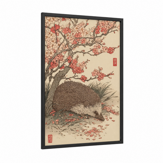 Blossom Hedgehog framed art print — black wood frame — salmon pink and cream palette