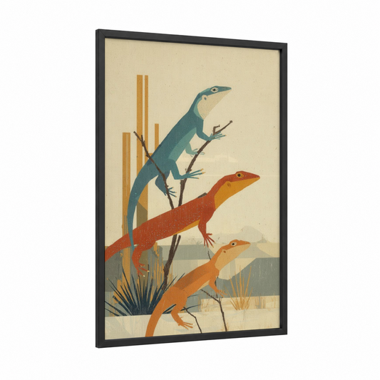 Colorful Lizard Trio framed art print — black wood frame — cream palette