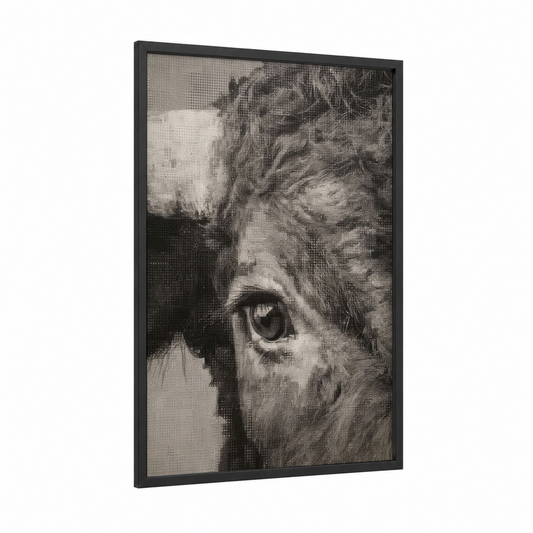 Contemplative Bull framed art print — black wood frame — black and white and gray palette