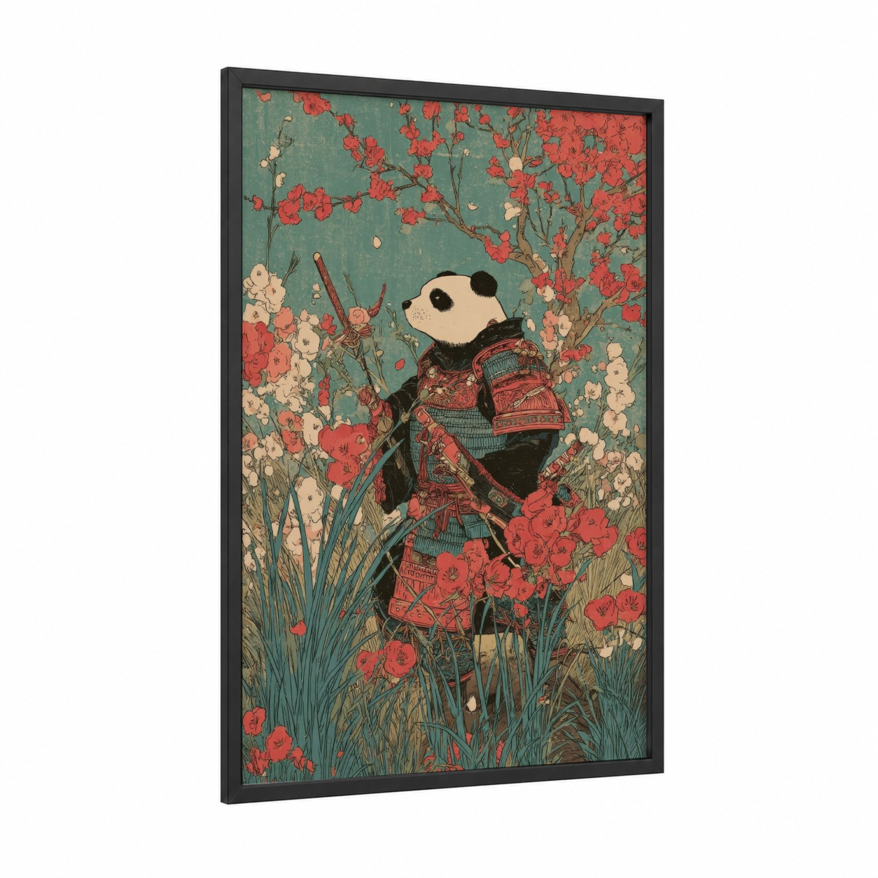 Kimono Panda Blossoms framed art print — black wood frame — teal and red palette