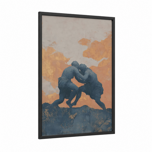 Silhouette Wrestlers framed wrestling print — black wood frame — gold and blue palette