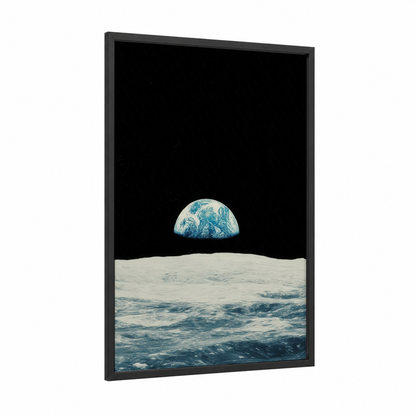 Earthrise lunar framed space print — black wood frame — blue and white and black palette