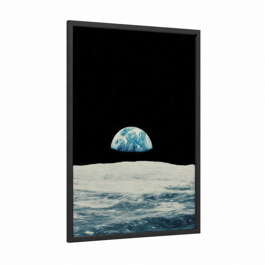 Earthrise lunar framed space print — black wood frame — blue and white and black palette
