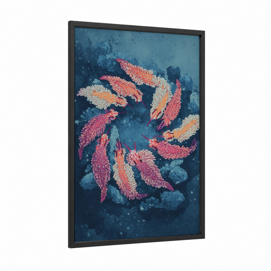 Coral Nudibranch Dance framed art print — black wood frame — blue and gold and pink palette