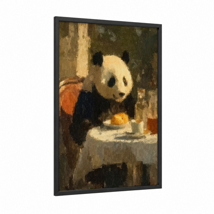 Contemplative Panda framed art print — black wood frame — gold and brown palette