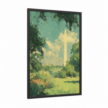 Washington Monument Verdant framed art print — black wood frame — light green and yellow gold palette