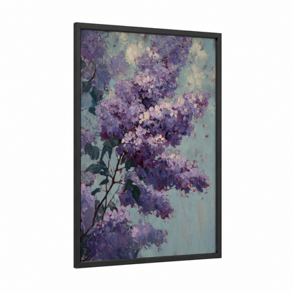 Purple Lilac Blooms framed art print — black wood frame — purple and lavender palette