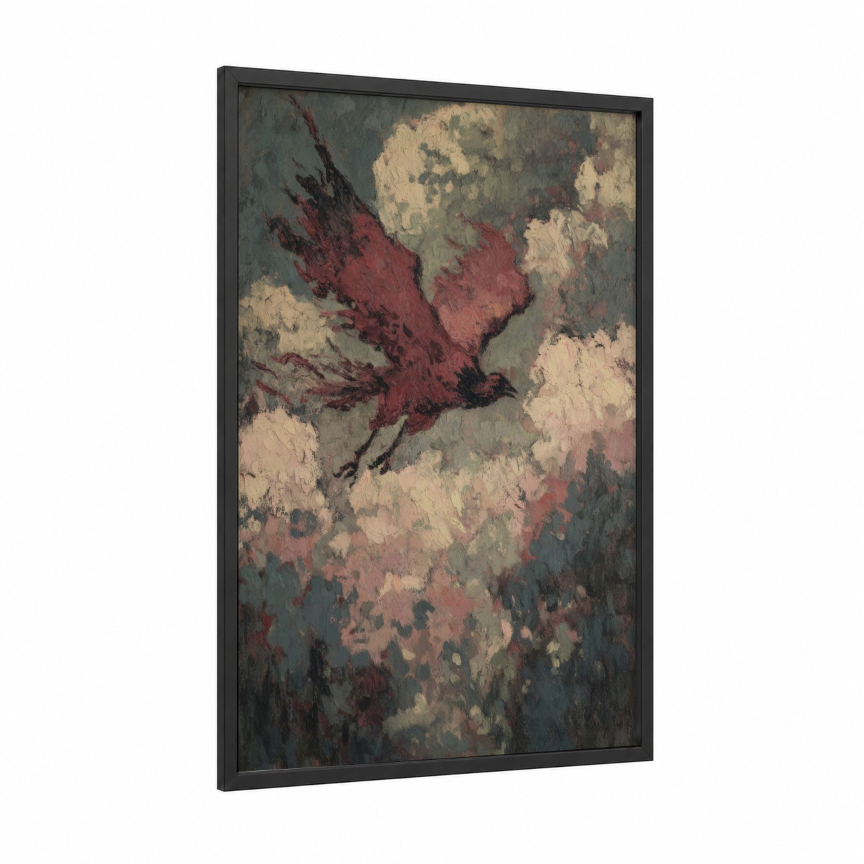 Crimson Phoenix Rising framed art print — black wood frame — maroon and cream palette