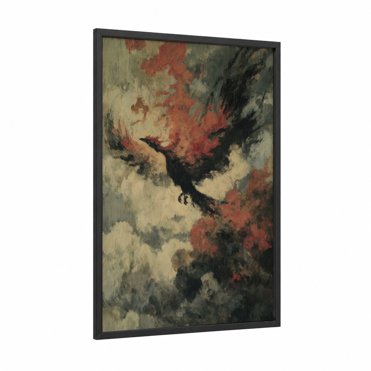 Crimson Phoenix framed art print — black wood frame — russet and black and white palette