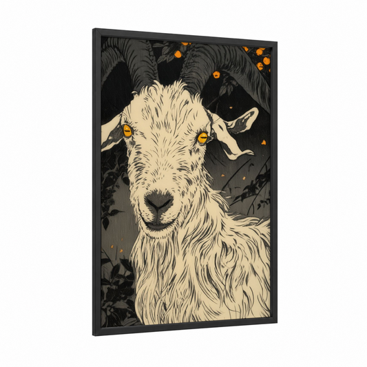 Mystical Goat framed art print — black wood frame — black and white and gold palette