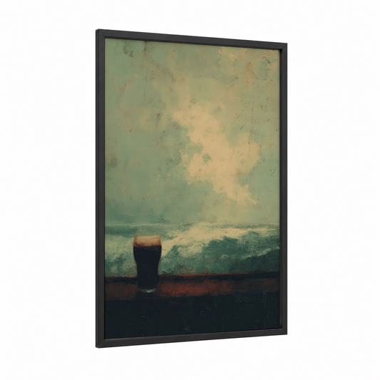 Coastal Beer Contemplation framed art print — black wood frame — light green and cream palette
