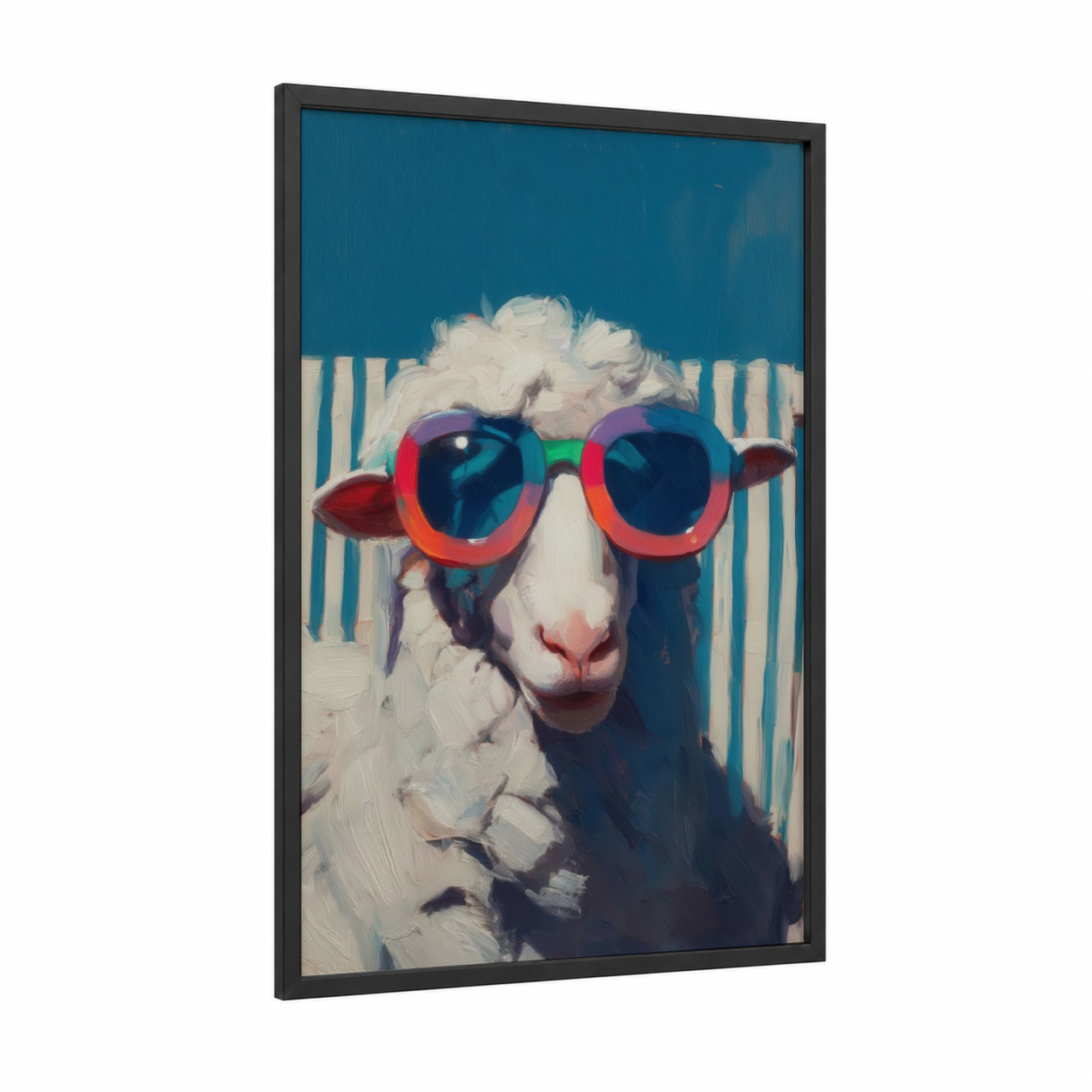 Cool Sheep Vibes framed art print — black wood frame — blue and magenta palette
