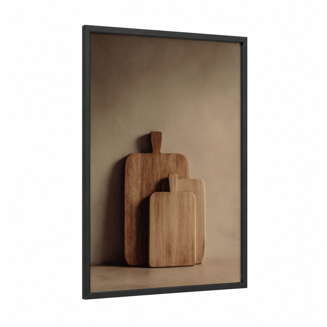 Wooden Cutting Boards framed kitchen utensils print — black wood frame — beige and brown palette