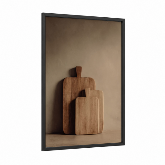Wooden Cutting Boards framed kitchen utensils print — black wood frame — beige and brown palette