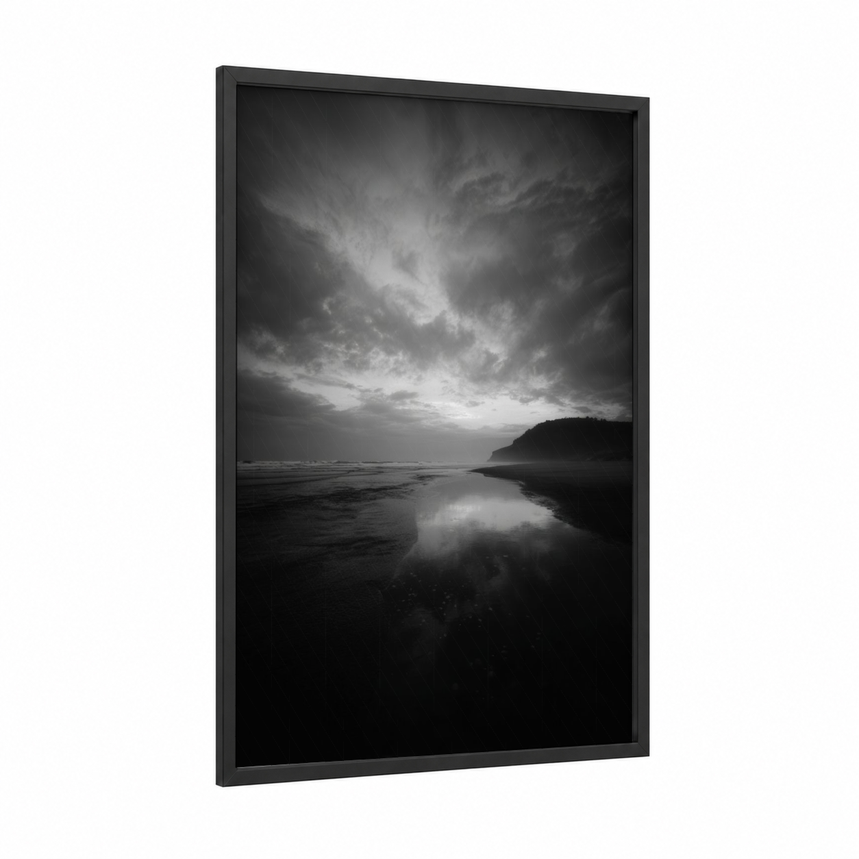 Stormy Coastal Reflection framed beach sunrise and sunsets print — black wood frame — black and white and gray palette