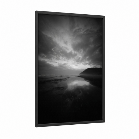 Stormy Coastal Reflection framed beach sunrise and sunsets print — black wood frame — black and white and gray palette