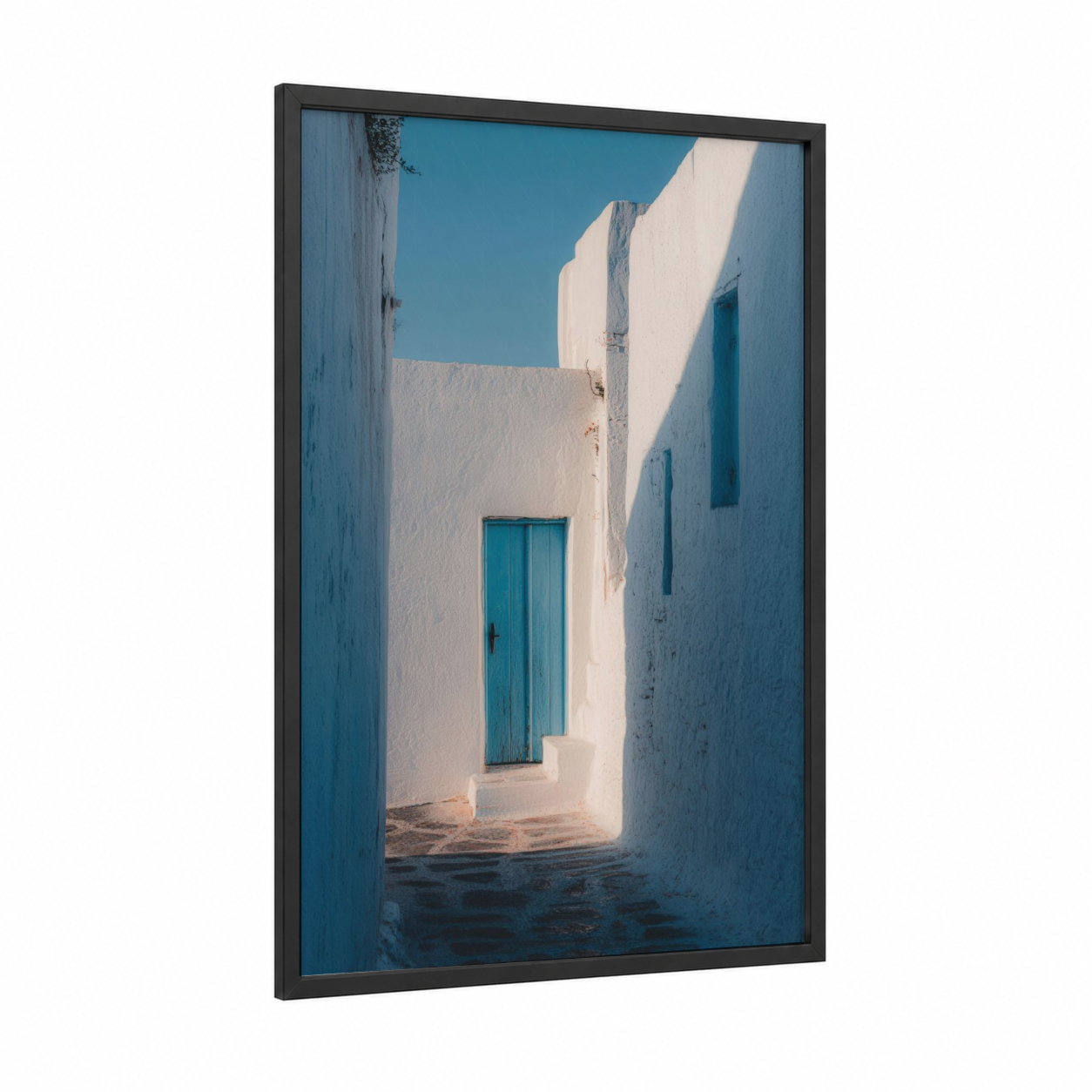 Turquoise Door Village framed art print — black wood frame — white and teal palette