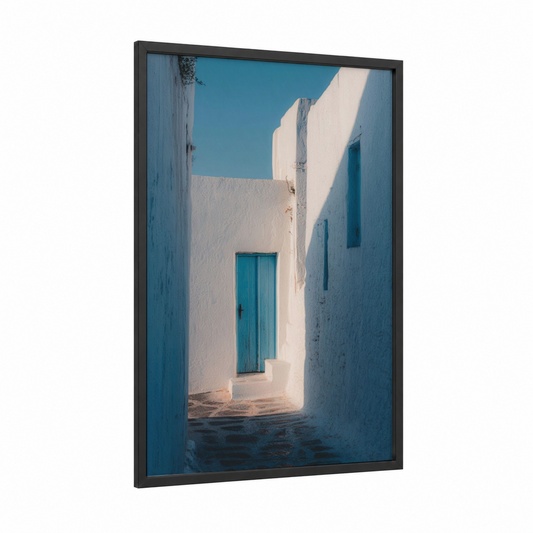 Turquoise Door Village framed art print — black wood frame — white and teal palette