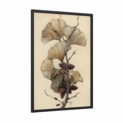 Ginkgo Bonsai framed bonsai tree print — black wood frame — cream and brown palette