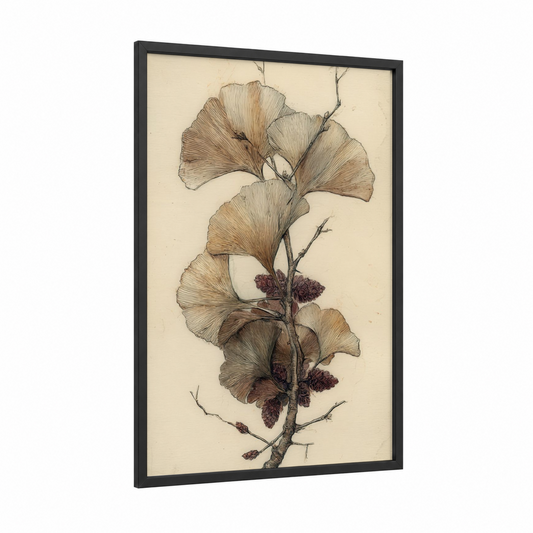 Ginkgo Bonsai framed bonsai tree print — black wood frame — cream and brown palette