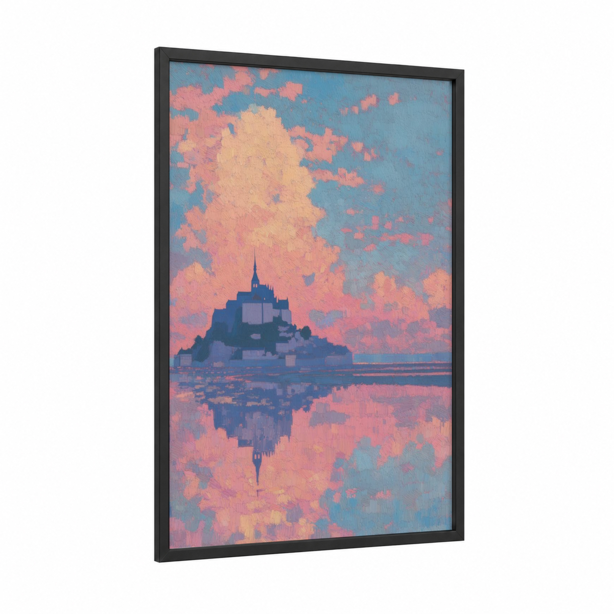 Ethereal Mont Saint-Michel framed art print — black wood frame — pink and blue palette