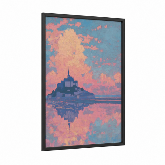 Ethereal Mont Saint-Michel framed art print — black wood frame — pink and blue palette