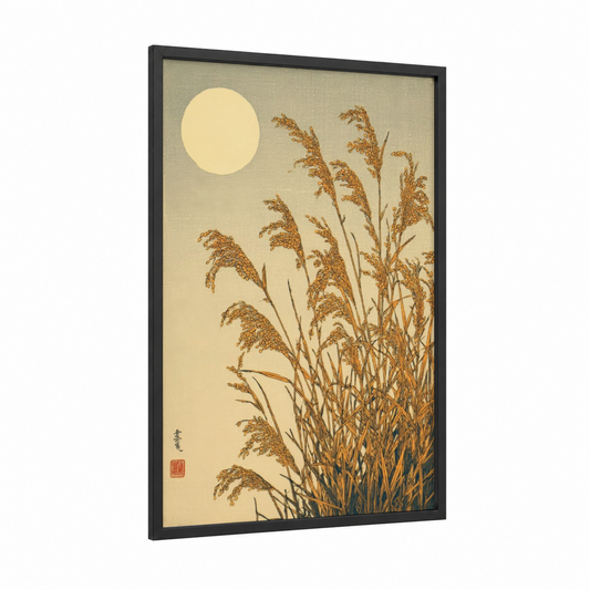 Harvest Moon Grain framed art print — black wood frame — gold and cream palette