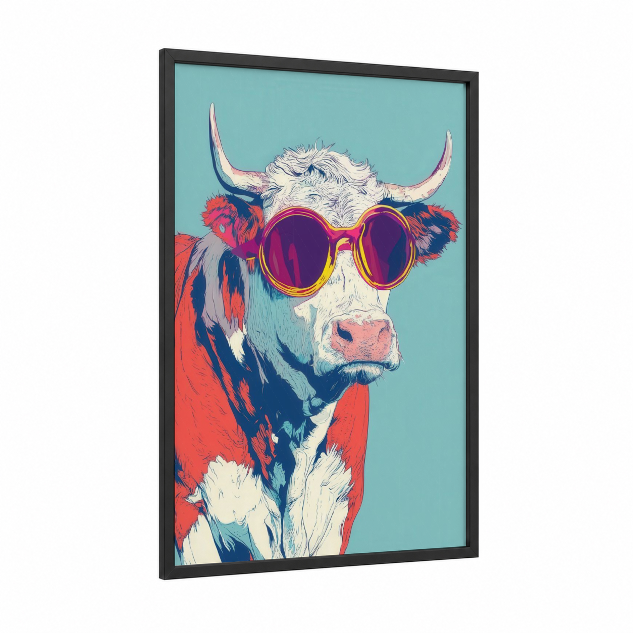 Cool Hereford framed hereford cow print — black wood frame — turquoise and red palette