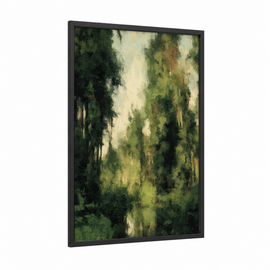Misty Cedar Canyon framed cedar forest print — black wood frame — green and cream palette