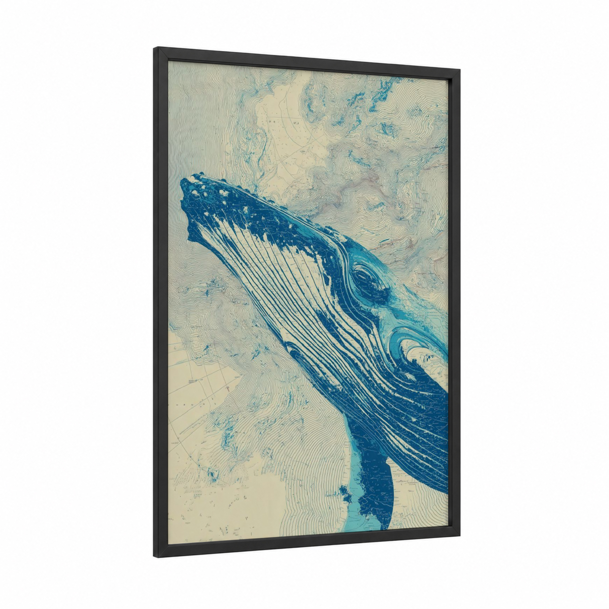 Diving Blue Whale framed art print — black wood frame — blue and white and cream palette