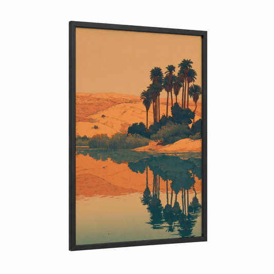Desert Oasis Reflection framed art print — black wood frame — pumpkin and teal palette