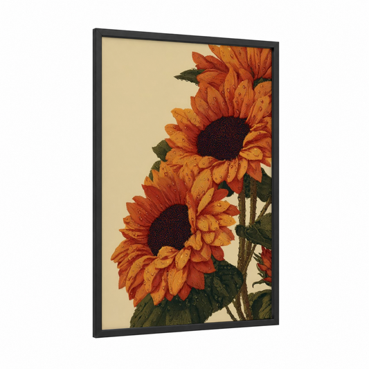 Vibrant Sunflowers framed sunflower field print — black wood frame — gold and dark green palette