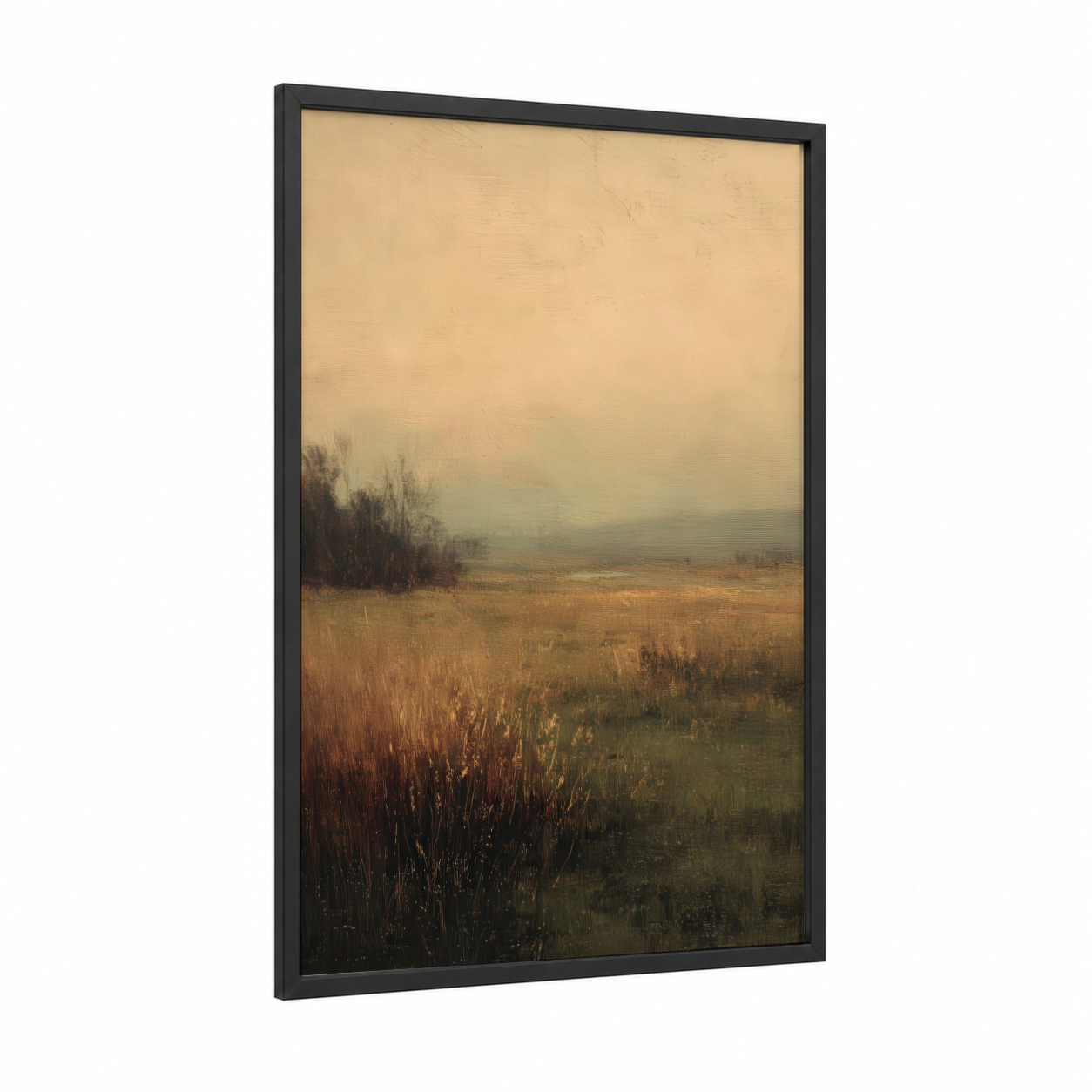 Misty Grain Fields framed art print — black wood frame — gold and sage green palette