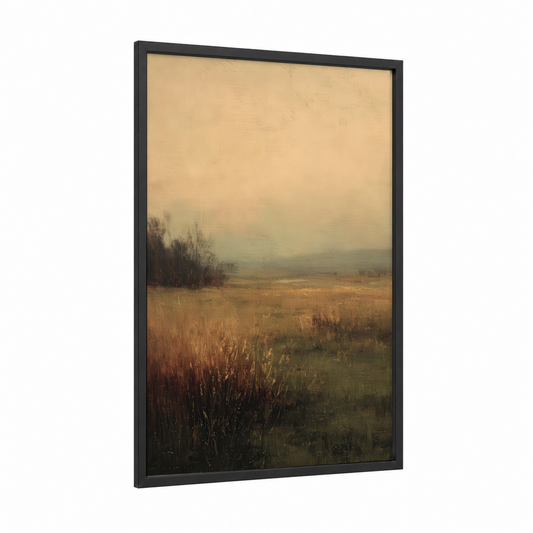 Misty Grain Fields framed art print — black wood frame — gold and sage green palette