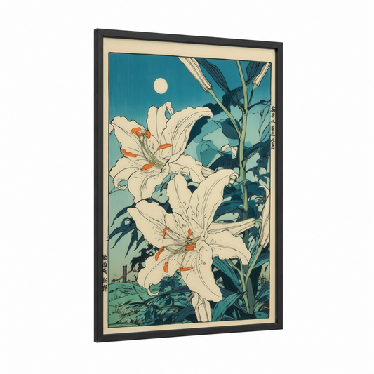 Moonlit Amarillys framed art print — black wood frame — teal and cream palette