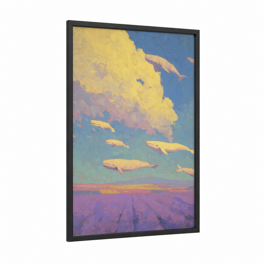 Sky Whales framed sperm whale print — black wood frame — blue and yellow gold palette