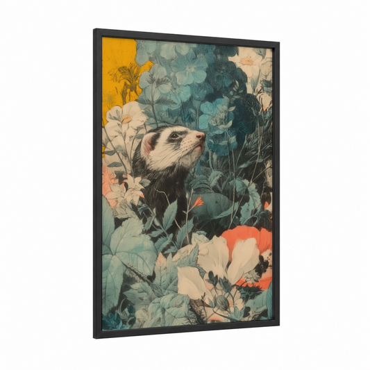 Garden Ferret framed art print — black wood frame — teal and gold palette