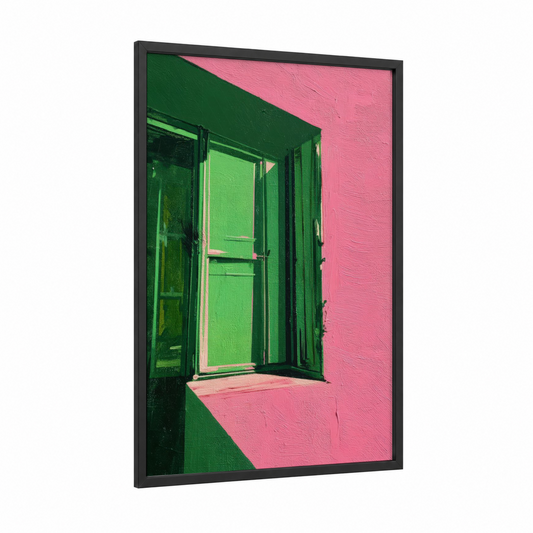 Neon Window Frame framed abstract architecture print — black wood frame — lime green and pink palette
