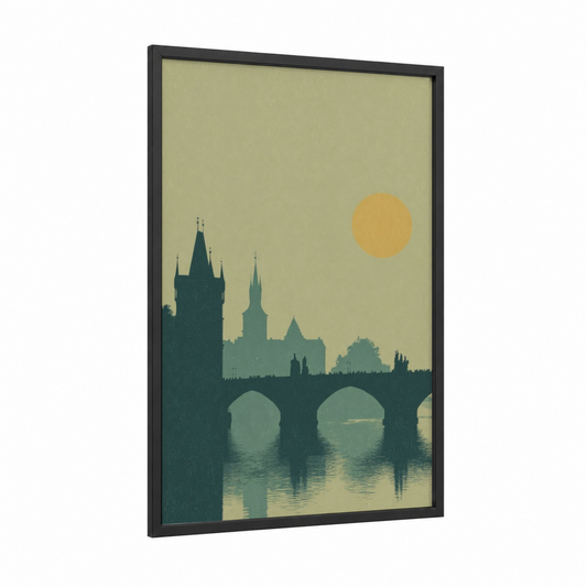 Prague Sunrise framed charles bridge print — black wood frame — gold and teal palette