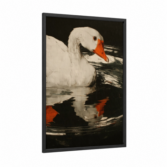 Red-Billed Goose framed geese print — black wood frame — white and black palette