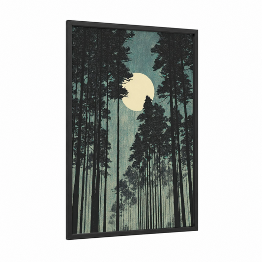 Moonlit Forest framed art print — black wood frame — teal and black and white palette