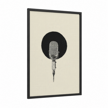 Vintage Microphone framed art print — black wood frame — black and white and cream palette