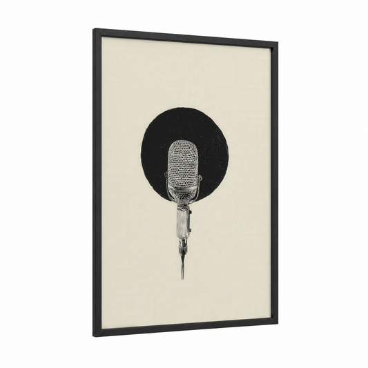 Vintage Microphone framed art print — black wood frame — black and white and cream palette