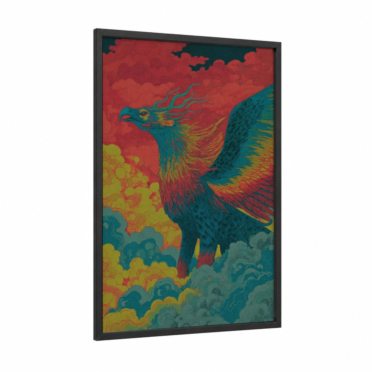 Crimson Phoenix Griffin framed art print — black wood frame — red and teal palette