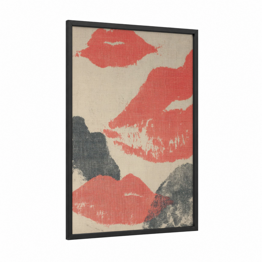 Crimson Lips Vintage framed art print — black wood frame — red and dove gray palette