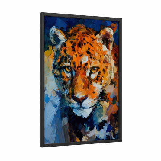 Golden Jaguar framed art print — black wood frame — orange and blue palette