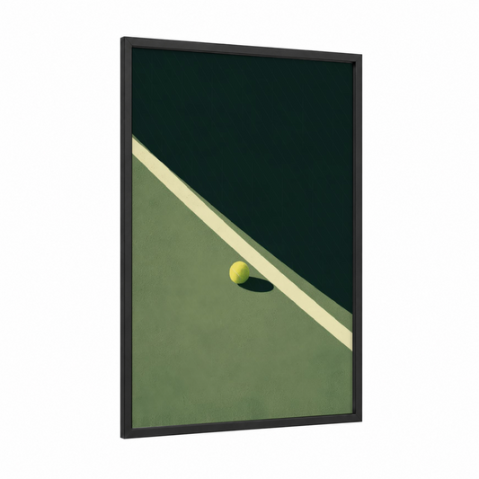 Court Geometry framed tennis print — black wood frame — sage green and teal palette