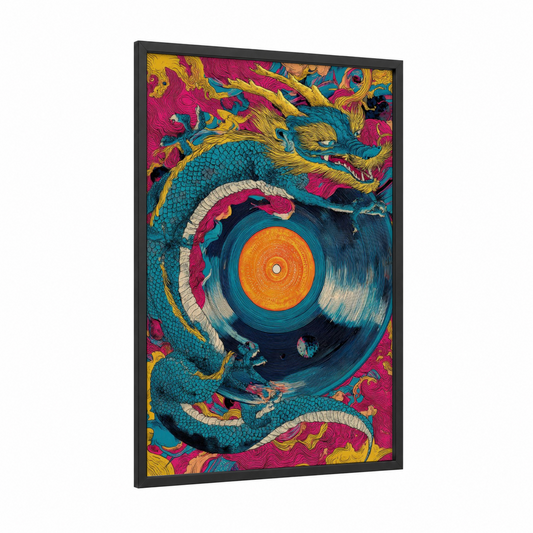 Dragon Vinyl Psychedelic framed japanese psychedelic print — black wood frame — teal and magenta palette